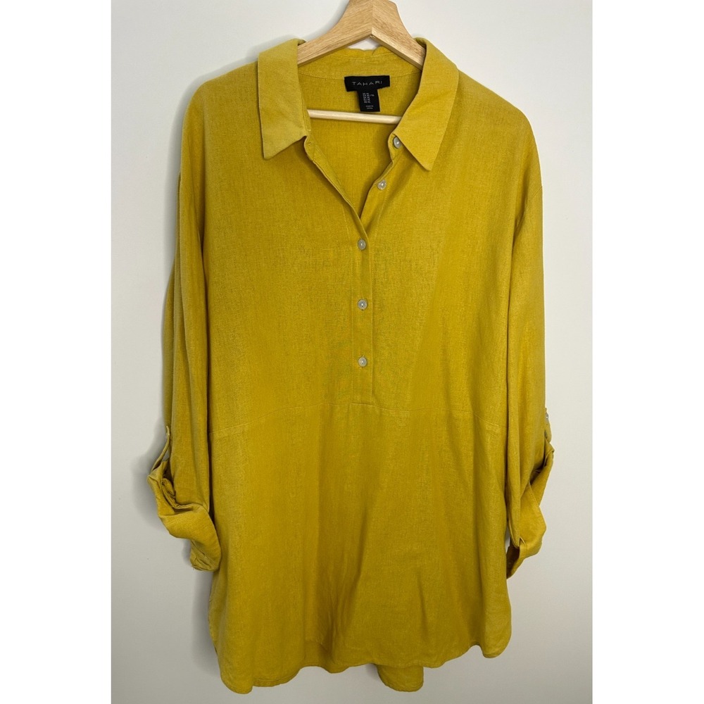 Tahari Mustard Yellow Linen Blend Roll Tab Sleeve Tunic Popover Blouse Womens XL - Picture 10 of 12